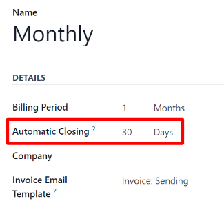 The Automatic Closing field on a Recurring Plan form in Odoo Subscriptions.