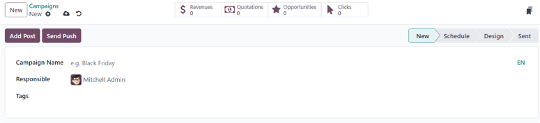 View of the blank campaign form in Odoo Email Marketing.