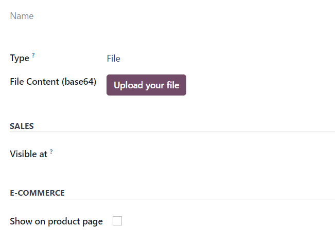 A standard document form with various fields for a specific product in Odoo Sales.