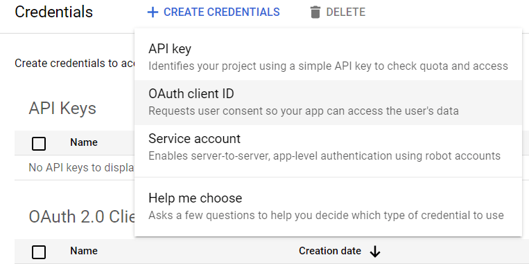 OAuth 客户端 ID 选择。
