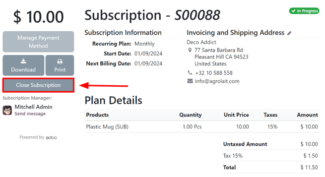 Close subscription button on a customer's view of a sales order in Odoo Subscriptions.