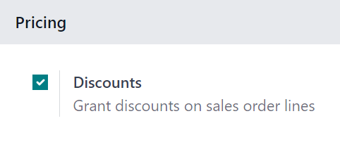Activation of the discount option in Odoo Sales.