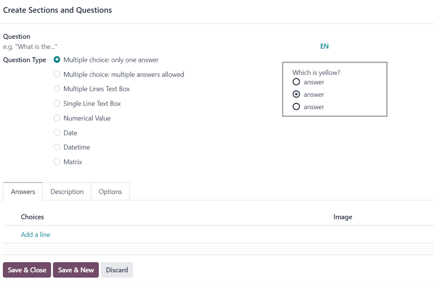 The Create Sections and Questions pop-up form in Odoo Surveys.