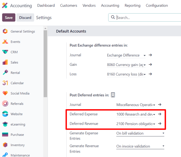 The necessary deferred account settings in the Odoo Accounting app's settings page.