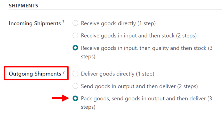 Set outgoing shipment option to deliver in three steps.
