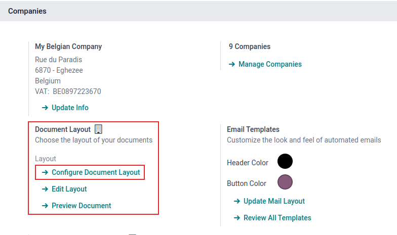 View of the settings page emphasizing the document layout field in Odoo.