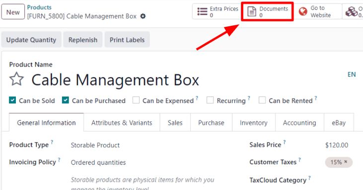 The Documents smart button on a product form in Odoo Sales.