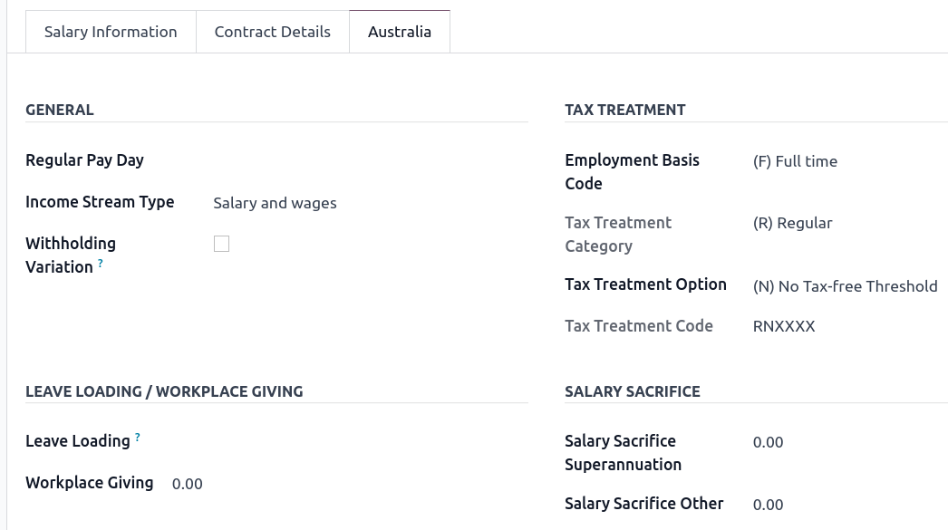 "Australia" payroll tab in Odoo.