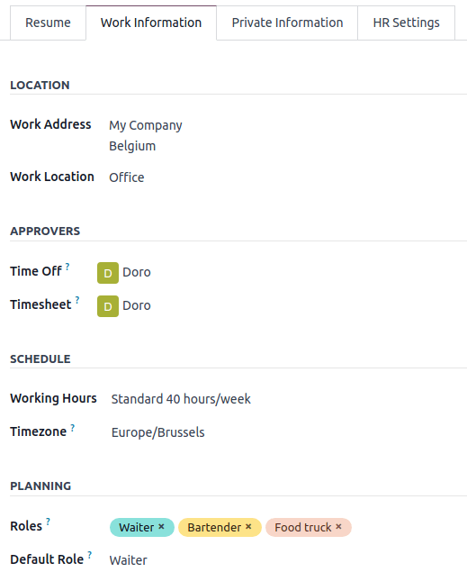 Employee profile and the work information tab.