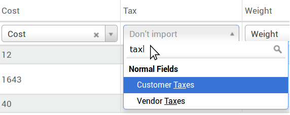 Drop-down menu expanded in the initial import screen on Odoo.