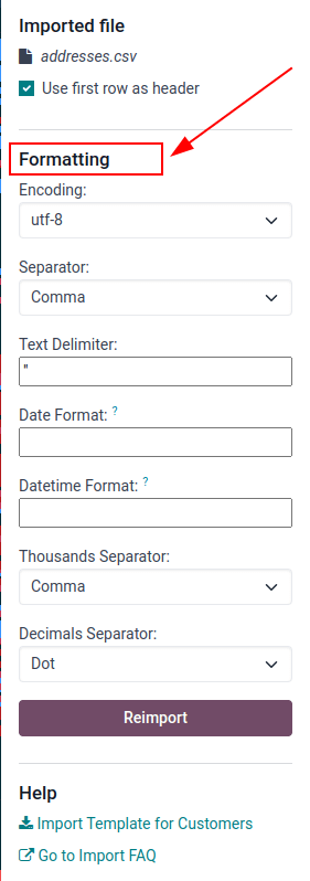Formatting options presented when a CVS file is imported in Odoo.