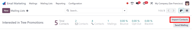 The import contacts button of a mailing list line in Odoo Email Marketing.