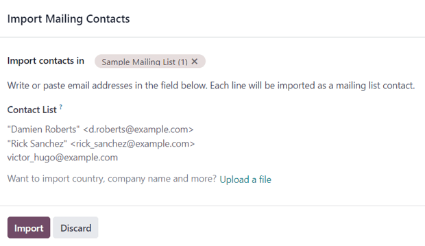 The import mailing contacts pop-up form that appears in Odoo Email Marketing.