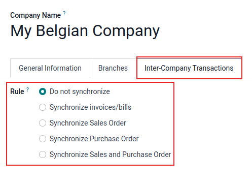 View of the settings page emphasizing the inter company transaction field in Odoo.