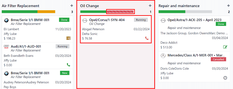 The oil change service records showing only repairs with past-due activities.