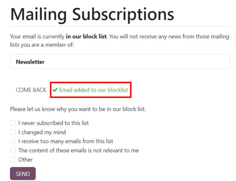 The blocklist question on the Mailing Subscriptions page that recipients see.