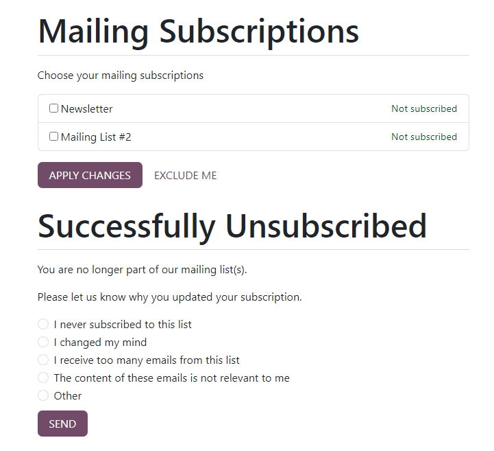 The Mailng Subscriptions page that appears when 'Unsubscribe' link in mailing is clicked.