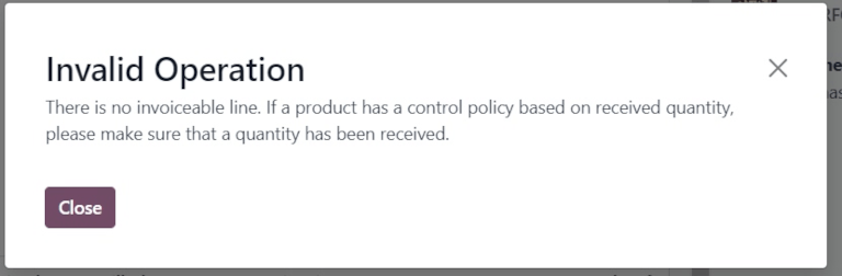 User error pop-up for received quantities control policy.