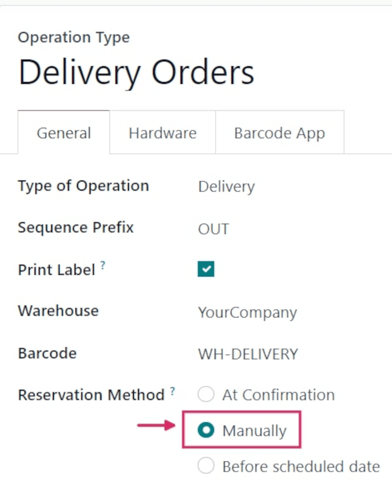 Reservation method field on delivery order operation type form.