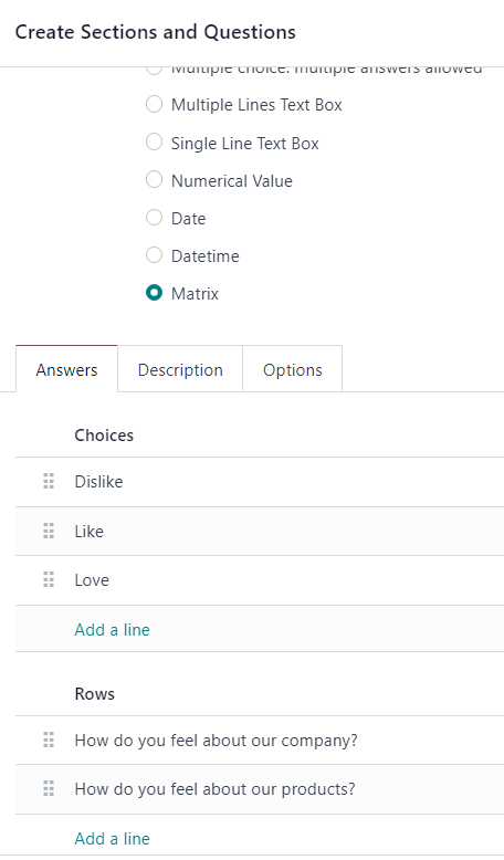 The answer tab with a matrix question type selected in Odoo Surveys.