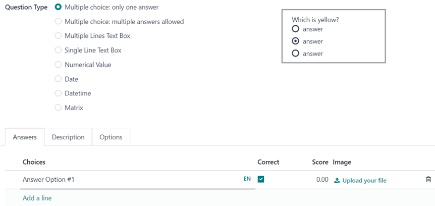 The answer tab with a multiple choice answer option selected in Odoo Surveys.