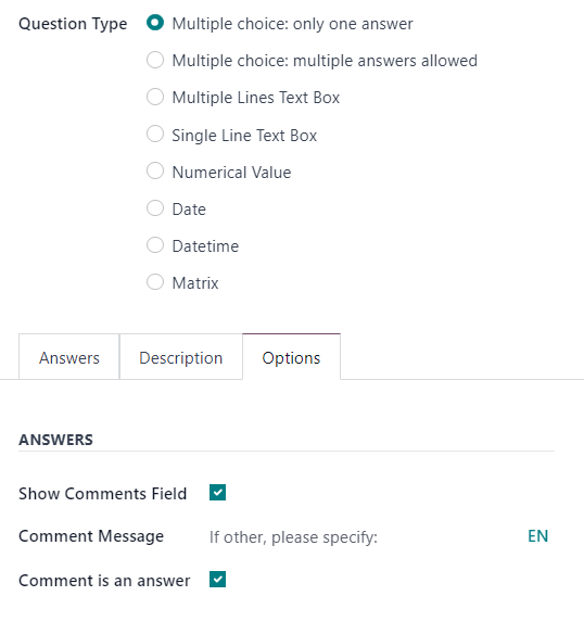 The answers section of the options tab when a multiple choice question type is selected.