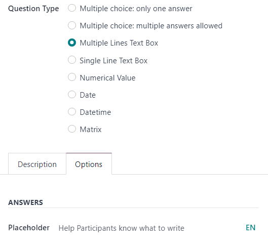 The placeholder field when a multiple lines text box option is chosen in Odoo Surveys.
