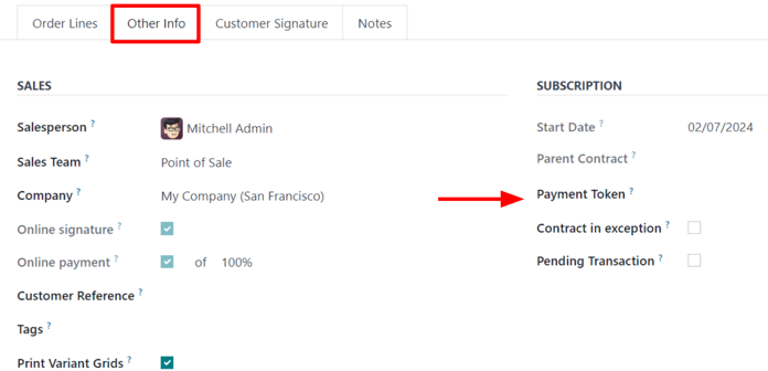 The Payment Token field under the Other Info tab on a subscription sales order form.
