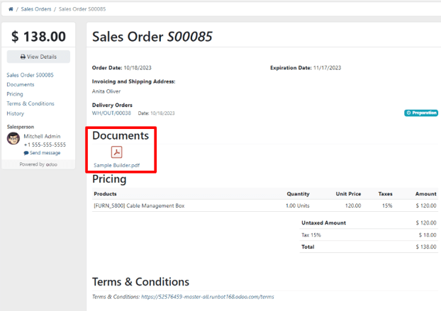 Sample of an uploaded pdf with the inside quote option chosen in Odoo Sales.
