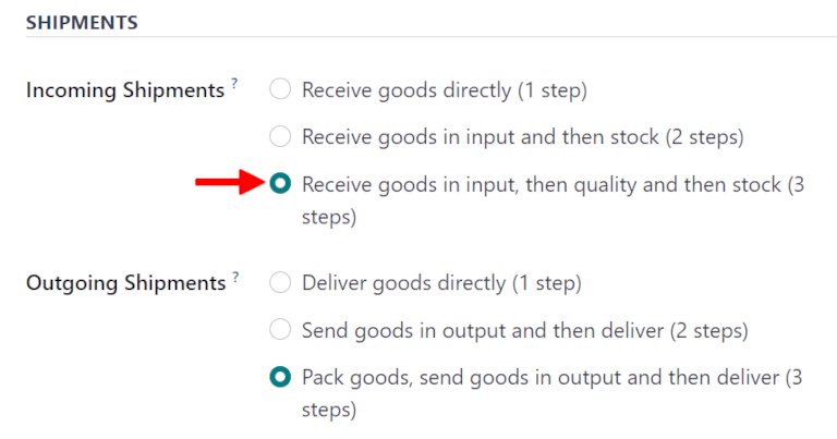 Set incoming shipment option to receive in three steps.