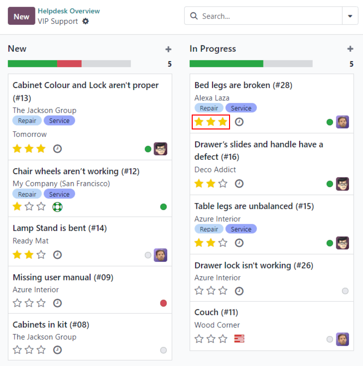 View of a team's Kanban view and the prioritized tasks in Odoo Helpdesk.