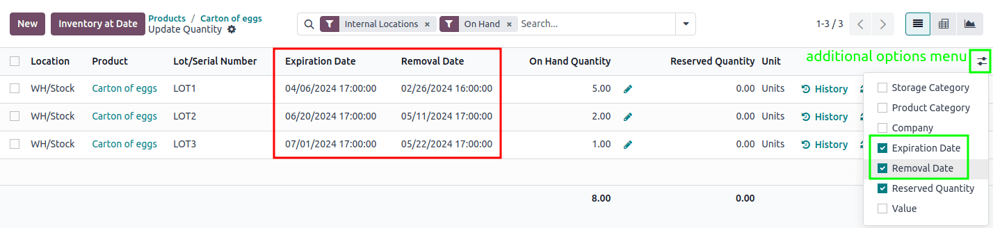 Show expiration dates from the inventory adjustments model accessed from the *On Hand* smart button from the product form.
