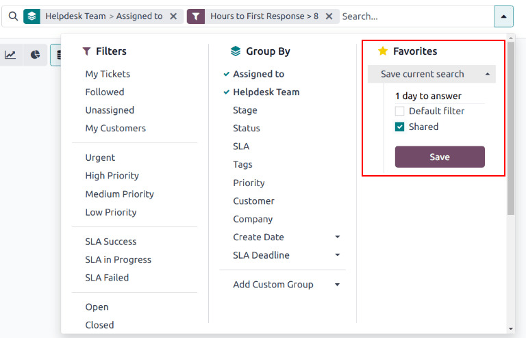 View of the save favorites option in Odoo Helpdesk.