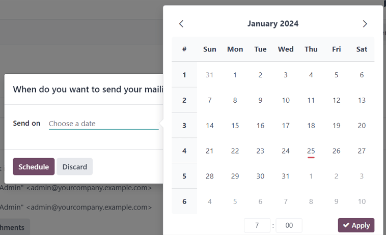 View of pop-up window that appears when the schedule button on an email form is clicked.