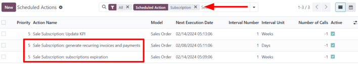 The subscription-related results on the scheduled actions page in Odoo Settings.