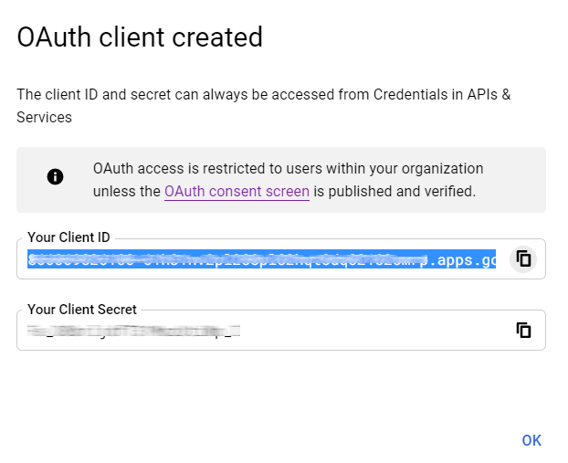 已生成 Google OAuth 客户端 ID。