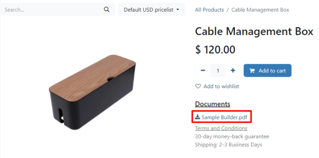 Showing a link to an uploaded document on a product page using Odoo Sales.