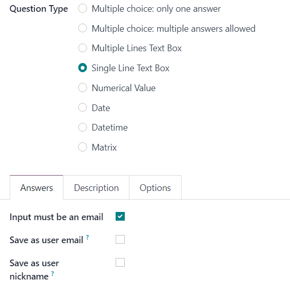 The Single Line Text box question type answers tab in Odoo Surveys.