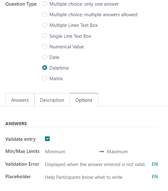 The answers section of the option tab when a single line text box question type is chosen.