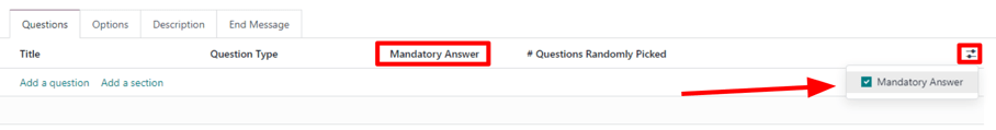The slider drop-down menu showing the Mandatory Answer option in Odoo Surveys.