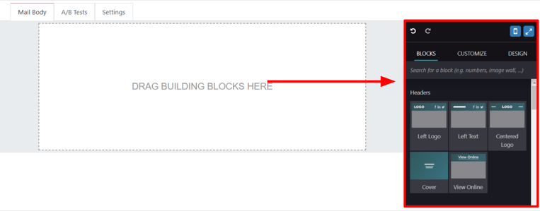 View of the building blocks in the Mail Body tab in Odoo Email Marketing application.