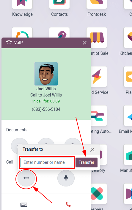 Transferring a call within the phone widget, with the transfer buttons highlighted.