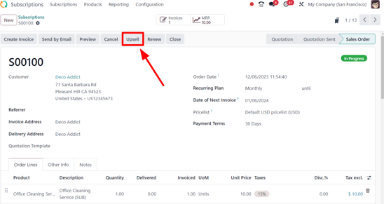 Upsell button for subscription sales orders with Odoo Subscriptions.